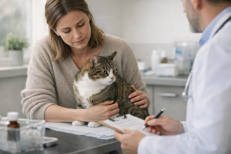 Tierärztliche Untersuchung bei Katzen Eine besorgte Katze sitzt auf einem Tisch, während eine Tierärztin sie untersucht, um mögliche gesundheitliche Probleme zu klären.