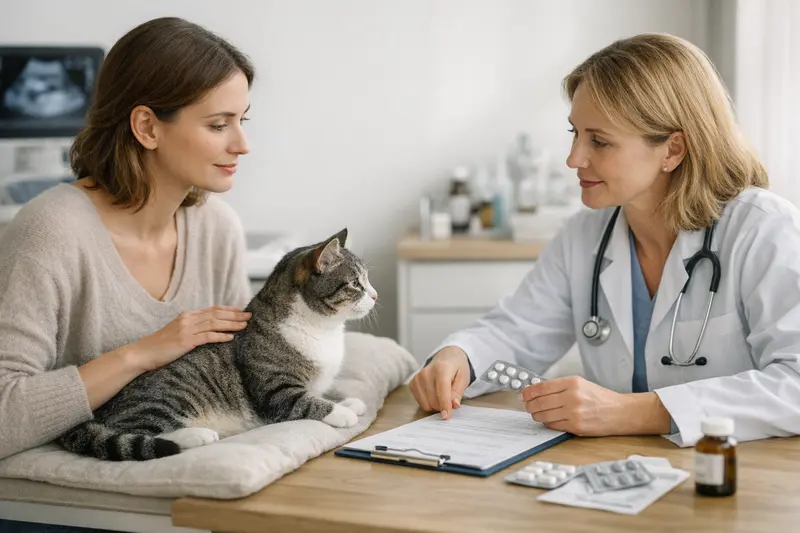Wichtige Tarifdetails der Katzenversicherung Eine Katze sieht besorgt aus, während der Tierarzt Tarifdetails einer Katzenversicherung erklärt.