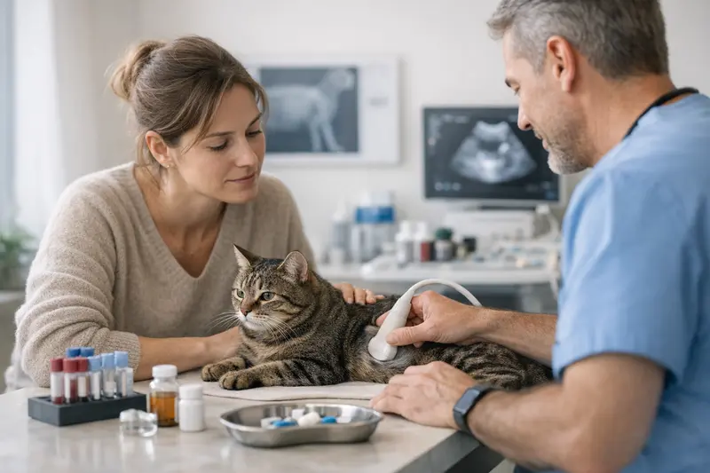 Tierarztbesuch bei Geruchsproblemen der Katze Katze beim Tierarzt, die wegen Geruchsproblemen untersucht wird.