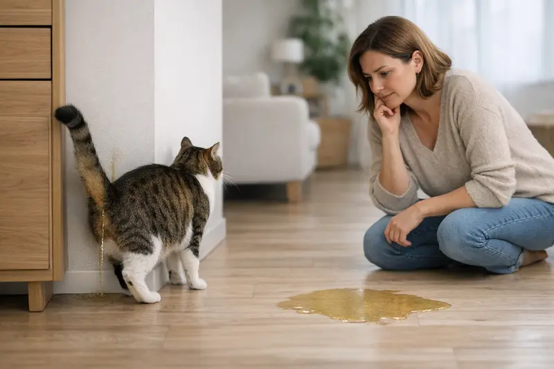 Katze untersucht vertikale Fläche als Hinweis auf Markieren statt Unsauberkeit.