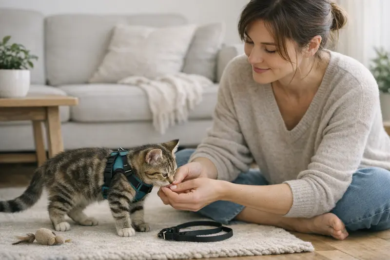 Eine Katze mit Geschirr erkundet ihre Umgebung, bereit für ein stressfreies Training.