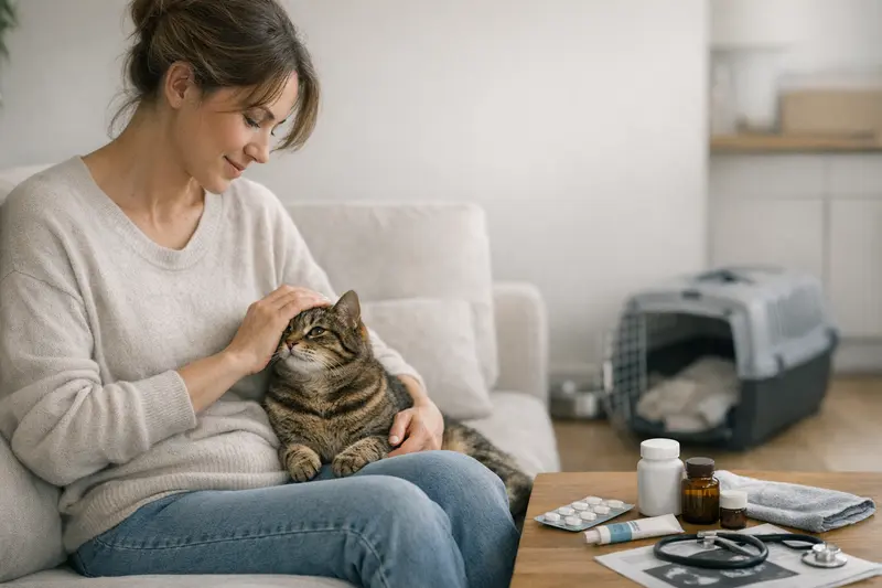 Tierarztbesuch einer Katze Katzendoktor untersucht eine Katze bei einem Tierarztbesuch, symbolisiert die Notwendigkeit einer umfassenden Gesundheitsabsicherung.