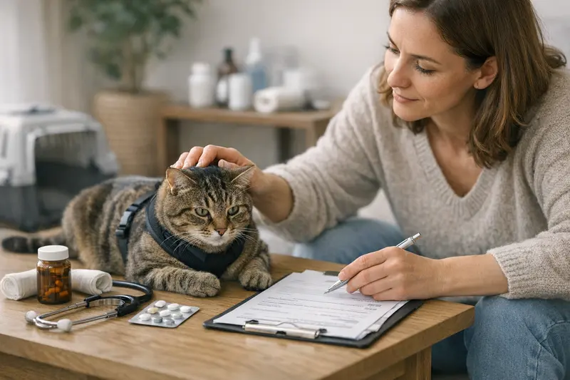 Wichtige Tarifpunkte für Katzenhalter Eine Katze wird tierärztlich untersucht, während eine Liste wichtiger Tarifpunkte für Katzenhalter sichtbar ist.