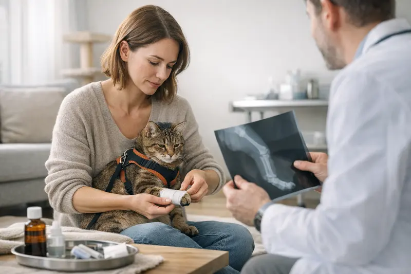 Eine Katze beim Training, in einem sicheren Umfeld, symbolisiert die tierärztlichen Kosten, die durch Zwischenfälle während des Trainings entstehen können.