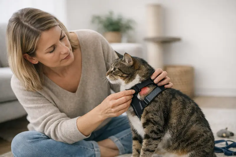 Eine Katze in einem Geschirr, das nicht optimal sitzt und Druckstellen zeigt.