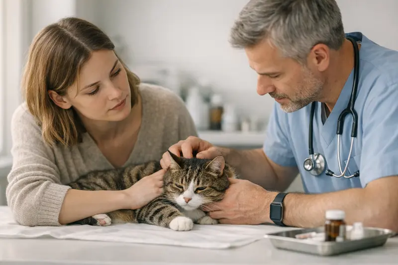 Katzenversicherung Notfälle Katzenversicherung: Eine Katze bei einem Tierarzt, die untersucht wird nach einer möglichen Vergiftung.