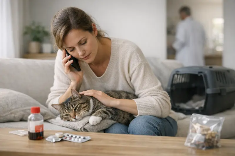 Katze Vergiftungsofdnerung Eine besorgte Katze wird bei Verdacht auf Vergiftung tierärztlich behandelt.