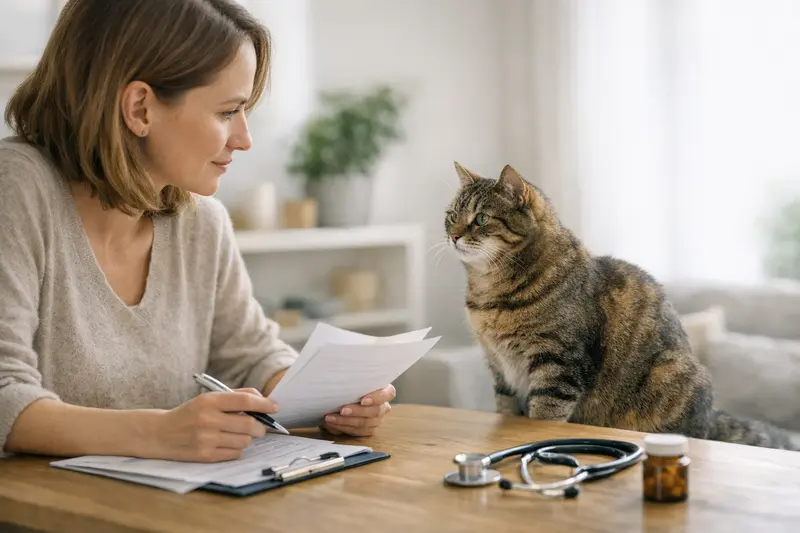 Tierarztbesuch für Katzenversicherung Eine Katze, die beim Tierarzt untersucht wird, um eine geeignete Versicherung auszuwählen.