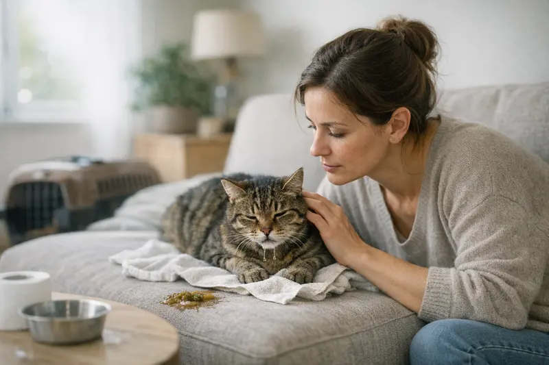 Eine katzenfreundliche Umgebung mit einer Katze, die wachsam erscheint und mögliche Symptome einer Vergiftung zeigt.