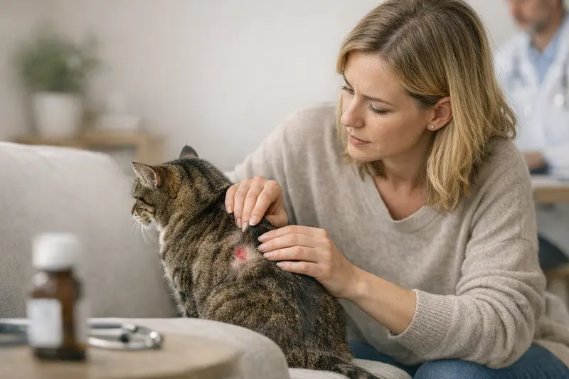 Versicherungsschutz für Katzen mit vorbestehenden Symptomen Eine Katze mit Hautproblemen und Juckreiz beim Tierarzt, symbolisiert Versicherungsschutz und Gesundheitsfragen.