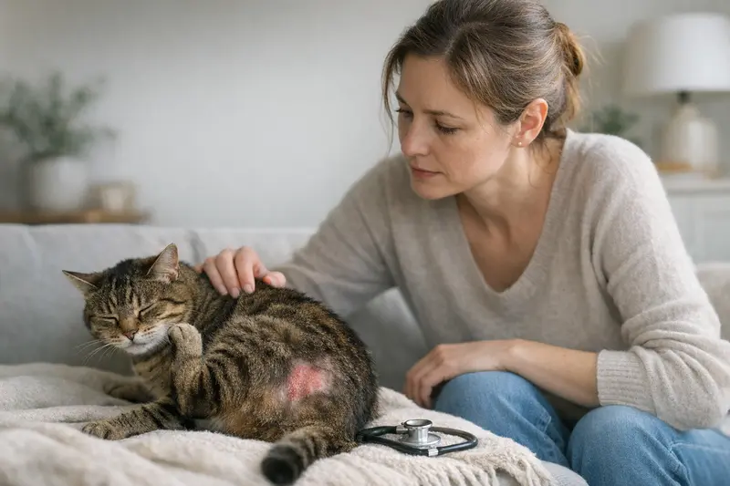 Katzen Hautprobleme Juckreiz Eine Katze kratzt sich am Ohr, was auf Hautprobleme hindeuten könnte.