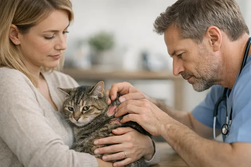 Katzenarzt untersucht eine Katze mit Hautproblemen, um Diagnosen zu stellen.