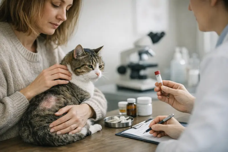 Tierarztkosten für Katzen bei Hautproblemen Eine Katze beim Tierarzt mit Hautproblemen.