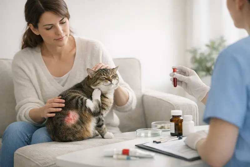 Eine Katze mit Hautproblemen, die beim Tierarzt untersucht wird.