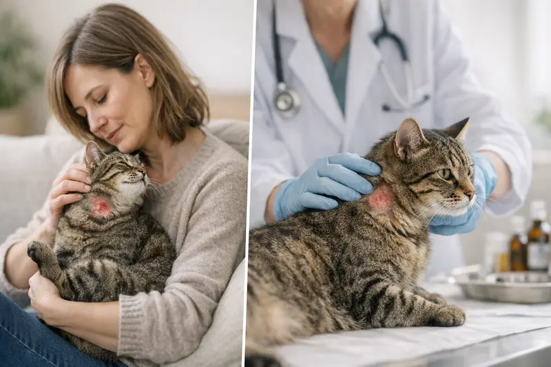 Hautprobleme bei Katzen - Auf einen Blick Katze mit Hautproblemen, die zeigt, wie wichtig die Tierarztbesuch und Versicherung sind.