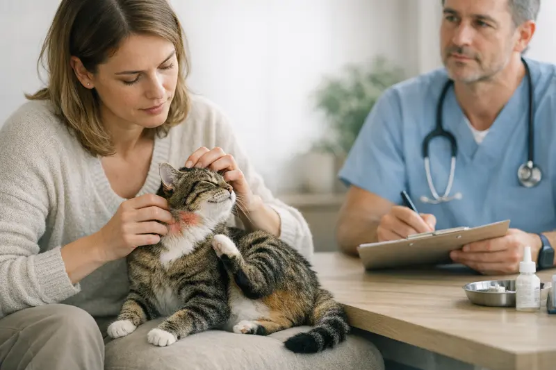 Tierarztbesuch Katze Hautprobleme Tierarztbesuch einer Katze mit Hautproblemen, der den wichtigen Zeitpunkt der Versicherung verdeutlicht.
