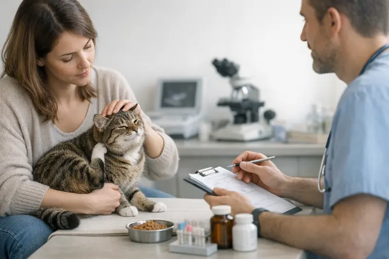 Tierarzt untersucht eine Katze mit Hautproblemen und Juckreiz