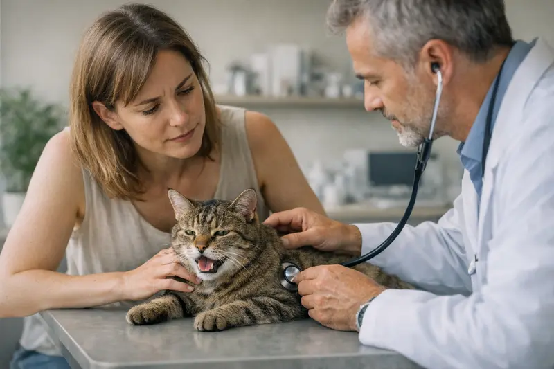 Katzengesundheit bei Hitze Eine gestresste Katze auf dem Weg zum Tierarzt bei heißem Wetter