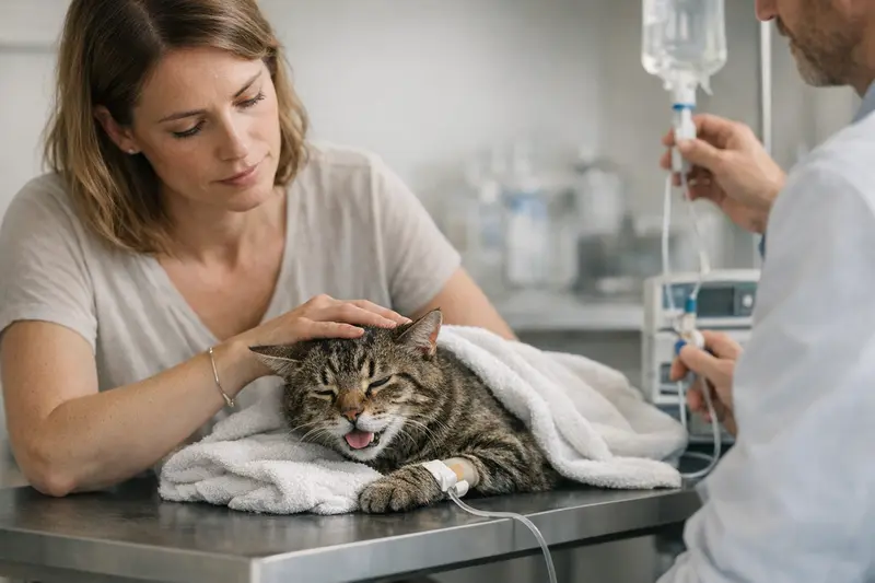 Katzengesundheit und tierärztliche Behandlung bei Hitzeproblemen Katzendoktor untersucht eine Katze in der Tierarztpraxis wegen hitzebedingter Probleme.