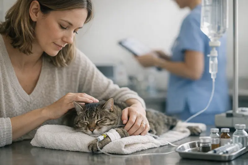 Eine Katze beim Tierarzt, die auf Dehydrierung und Kreislaufprobleme untersucht wird.