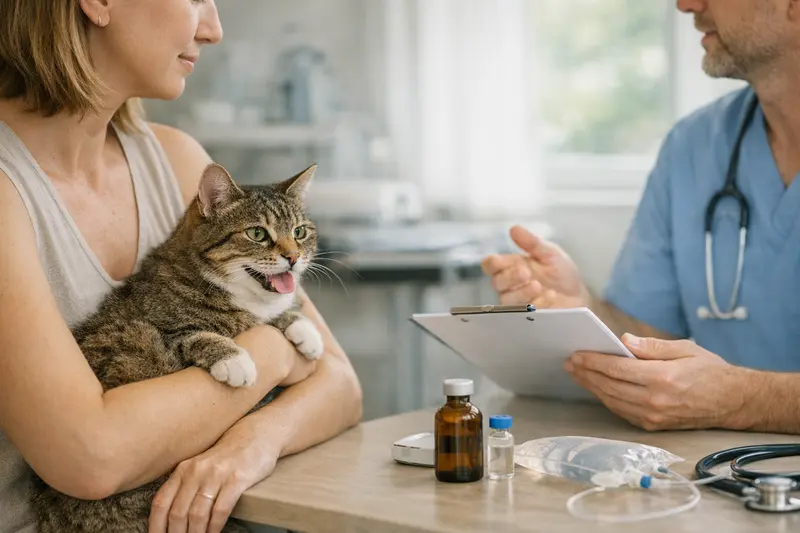 Katzenversicherung beim Tierarzt im Sommer Eine Katze bei einem Tierarzt, die für die Sommermonate versichert werden soll.