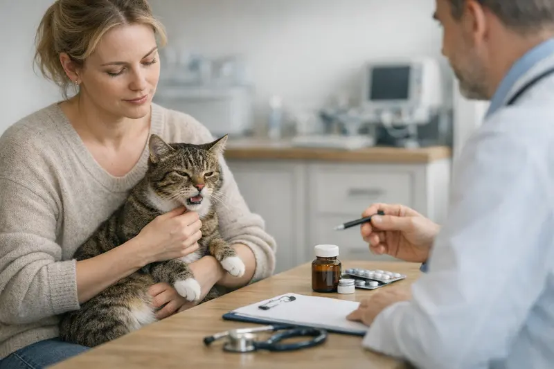 Eine Katze wird tierärztlich untersucht, während der Halter Fragen zur OP-Versicherung stellt.