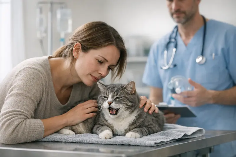 Notfallsituation bei Husten bei Katzen Eine besorgte Katze mit Atemnot, die sofort tierärztliche Hilfe benötigt.