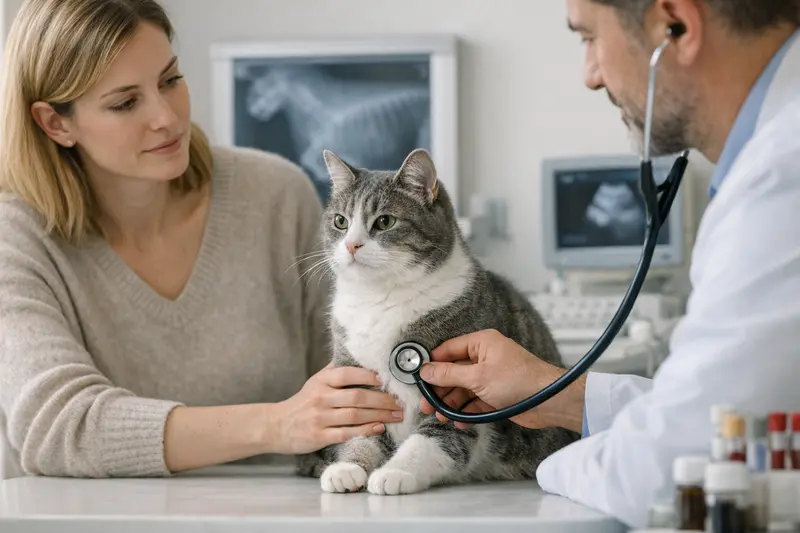 Tierärztliche Untersuchung einer Katze bei Husten Eine Tierärztin untersucht eine hustende Katze auf gesundheitliche Probleme.