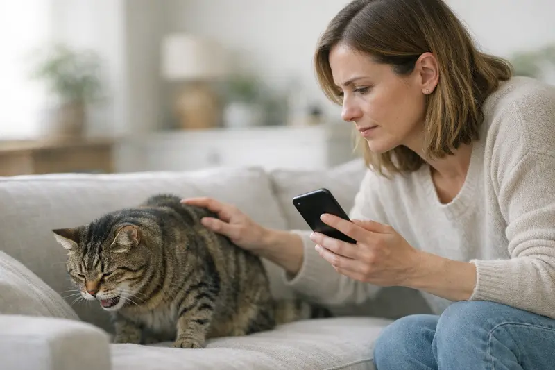 Husten oder Würgen bei Katzen erkennen Eine Katze hustet sichtbar, während sie sich auf einem weichen Kissen ausruht.