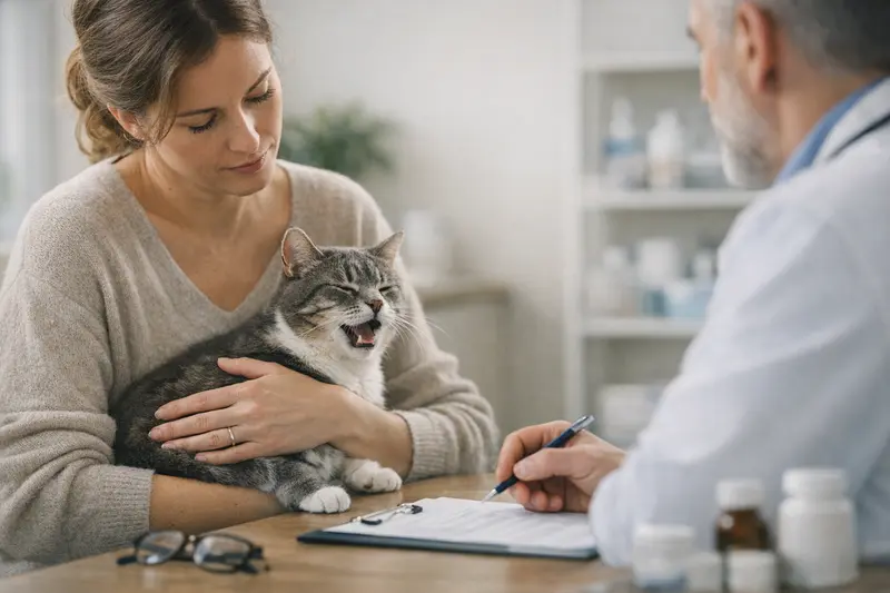 Tierarztuntersuchung Katze Atemweg Ein Tierarzt untersucht eine Katze auf Atemwegserkrankungen.