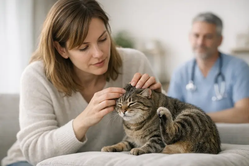 Juckreiz bei Katzen ohne Flöhe Eine Katze mit Juckreiz untersucht von einem Tierarzt, um Ursachen wie Milben oder Allergien zu klären.