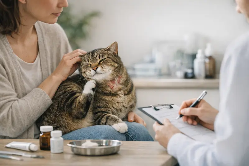 Tierarztbesuch einer Katze bei Hautproblemen Eine Katze wird vom Tierarzt auf Juckreiz und Hautirritationen untersucht.