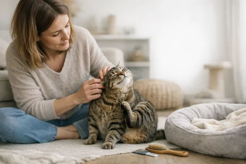 Eine Katze liegt entspannt auf einem Lieblingsplatz, umgeben von textilen Materialien, die potenzielle Flohquellen darstellen.
