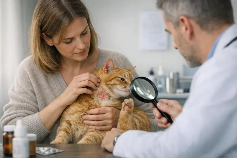 Tierarztuntersuchung Katze Hautprobleme Tierarztuntersuchung einer Katze mit Hautproblemen zur Diagnostik von Juckreiz