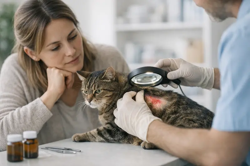 Eine Katze beim Tierarzt, die auf die Behandlung vorbereitet wird, um Hautirritationen durch Flöhe zu untersuchen.