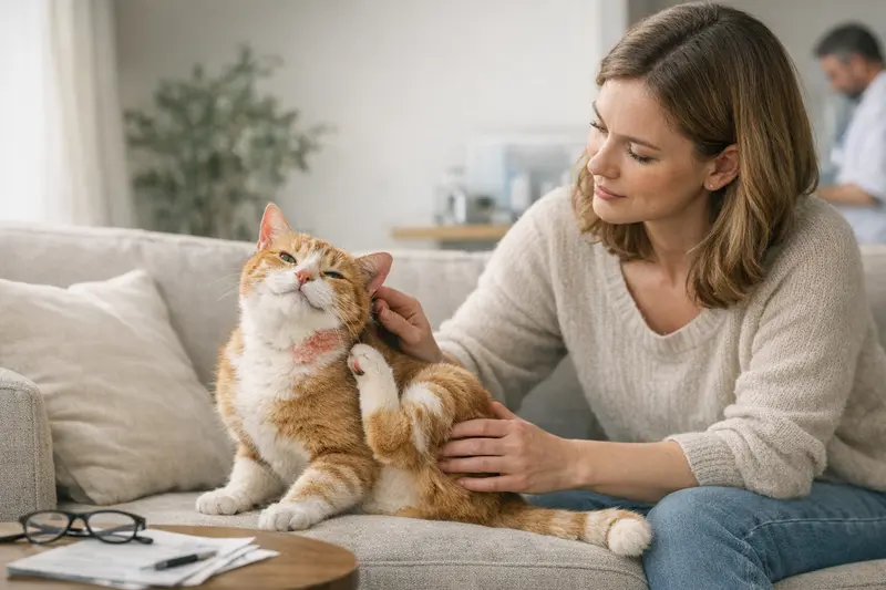 Eine gesunde Katze entspannt auf einem Fensterbrett, während im Hintergrund ein Tierarztbesuch thematisiert wird.