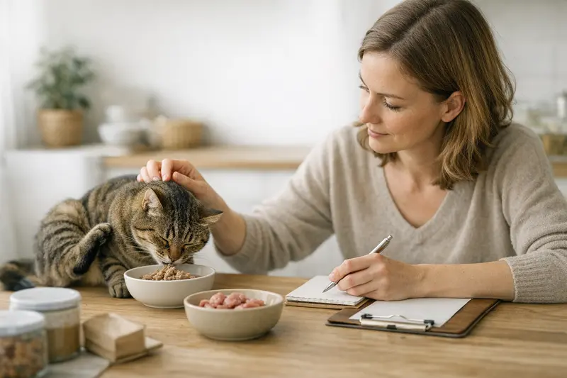 Tierarztuntersuchung bei Verdacht auf Futterprobleme Eine Katze wird vom Tierarzt untersucht, während eine Ausschlussdiät besprochen wird.