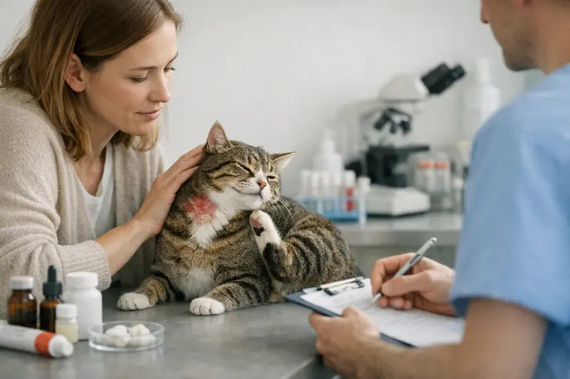 Tierarztbesuch wegen Katzenhautproblemen Ein Tierarzt untersucht eine Katze mit Hautproblemen, während die Besitzerin besorgt zuschaut.