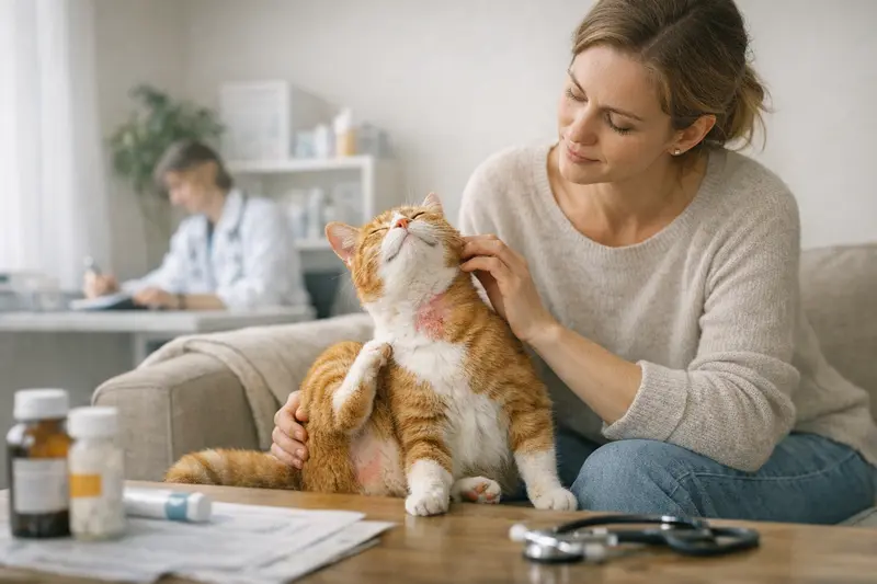 Tierarztbesuch bei Juckreizproblemen Katze, die zum Tierarzt gebracht wird, um wiederkehrende Juckreizprobleme zu behandeln.