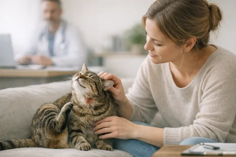 Tierarztbesuch bei Juckreiz bei Katzen Eine Katze mit Juckreiz untersucht von einem Tierarzt