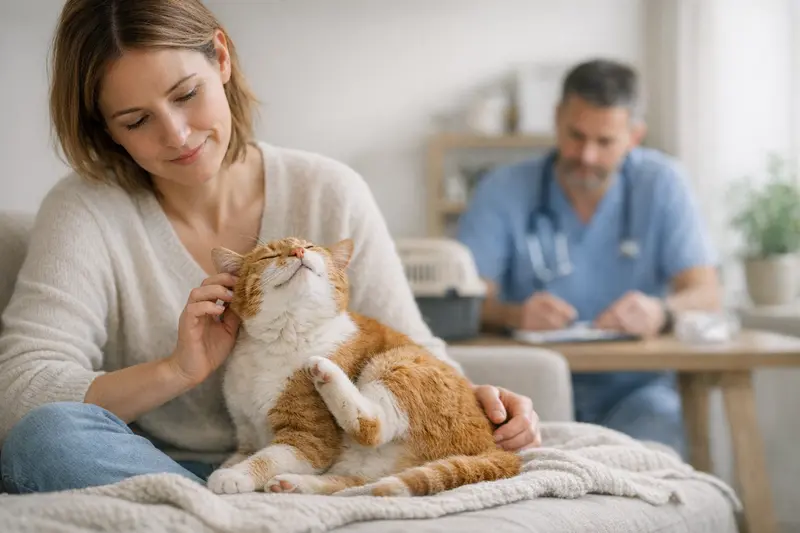 Tierarztbesuch für Katzenversicherung Eine gesunde Katze untersucht beim Tierarzt, um frühzeitig Krankheiten zu vermeiden.