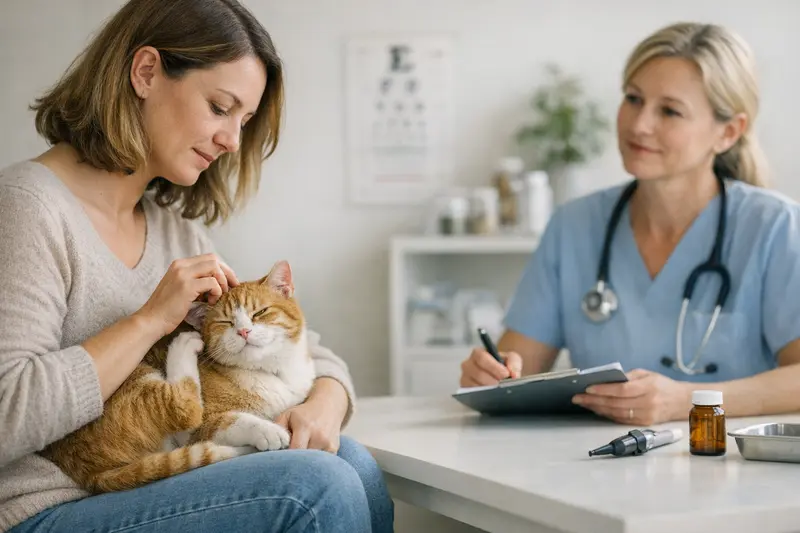 Ein Tierarzt untersucht eine Katze mit Hautjucken und Notizen über Behandlung.