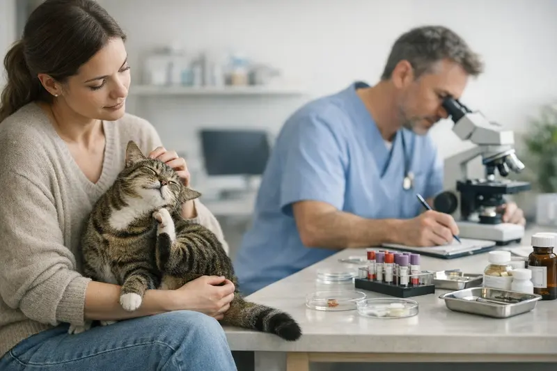 Tierarztkosten bei Juckreiz bei Katzen Tierarztuntersuchung einer Katze mit Juckreizsymptomen zur Klärung der Ursachen.