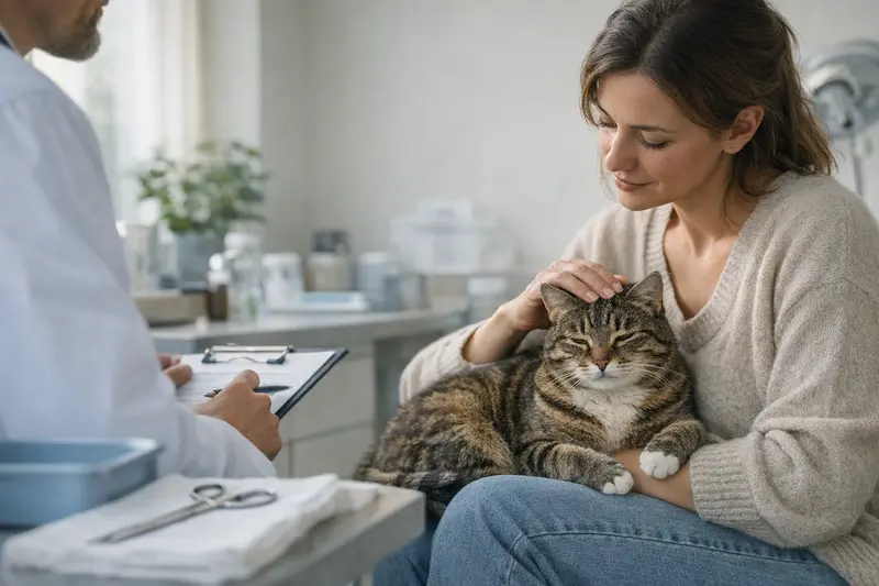 Katze beim Tierarzt mit Gesundheitscheck für Kastration.