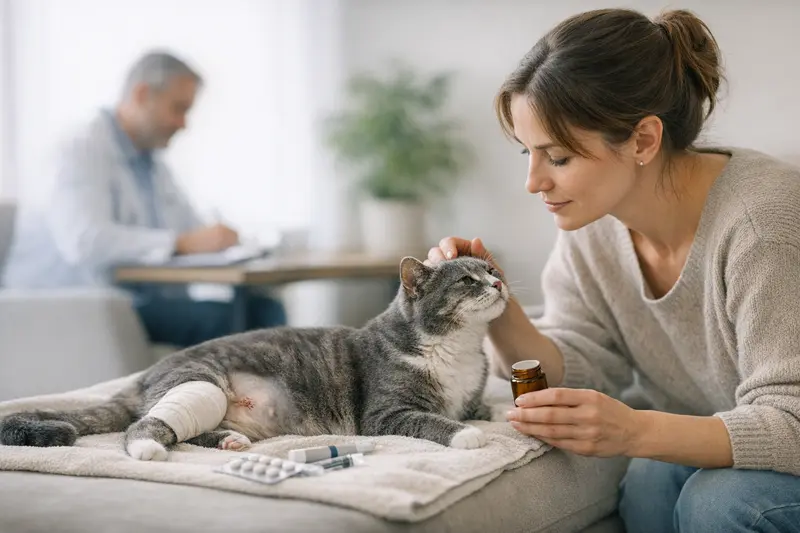 Katzenversicherung Nachsorge Eine Katze nach einer Operation erhält Nachsorge bei einem Tierarzt.