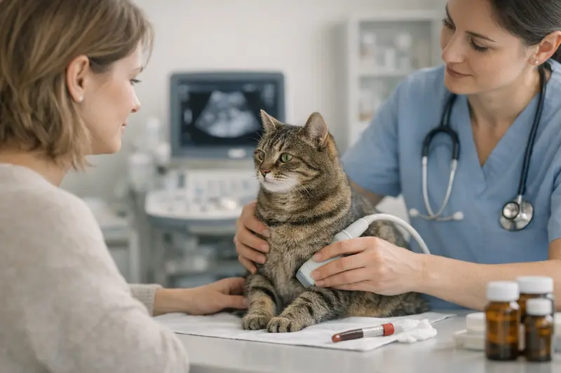 Tierarztbesuch Katze Eine Katze beim Tierarzt, die auf eine Diagnose untersucht wird, was durch eine Katzenkrankenversicherung abgedeckt sein kann.