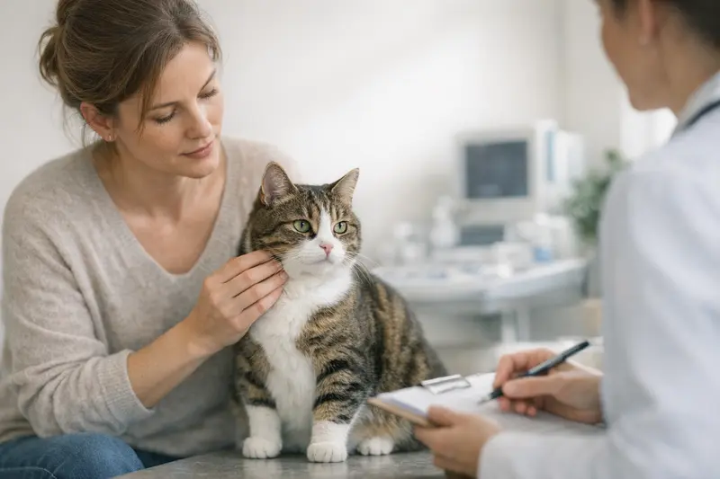 Tierarztuntersuchung bei Katze mit Knoten Eine Katze mit einem Knoten wird von einem Tierarzt untersucht.