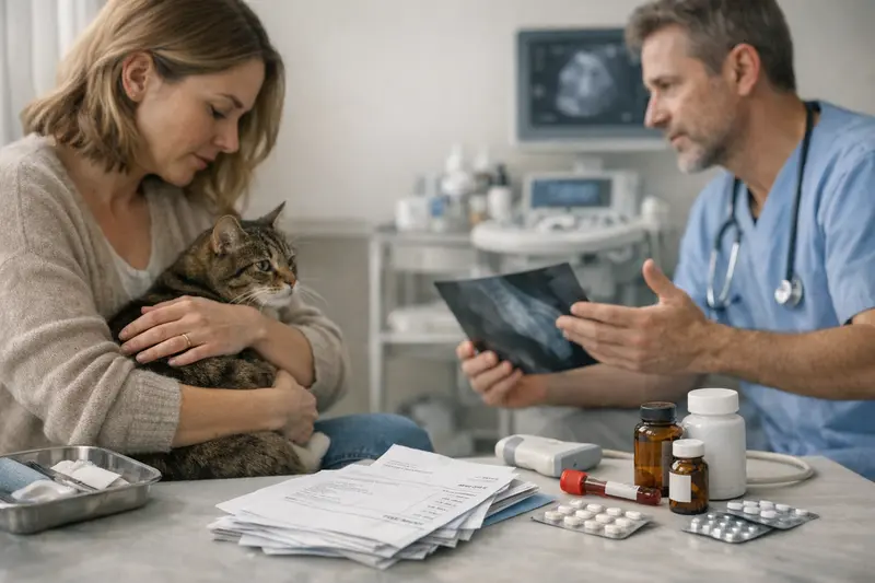 Tierarztkosten bei Katzen Tierarztpraxis mit Katze, die untersucht wird, um die steigenden Tierarztkosten zu verdeutlichen