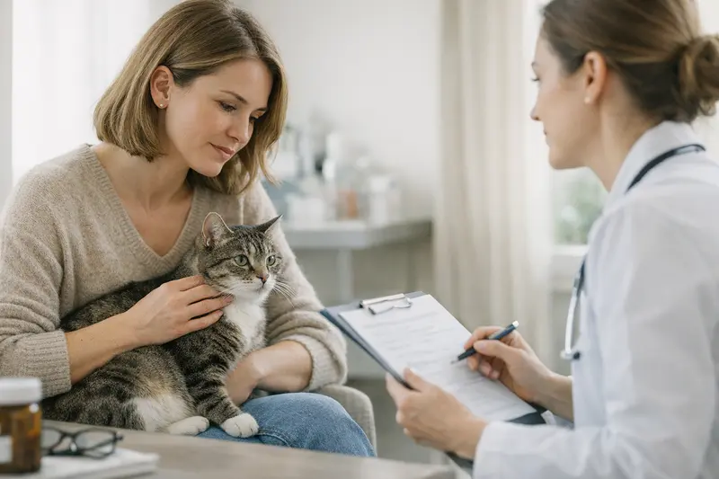 Katzenuntersuchung beim Tierarzt Tierarzt bei der Untersuchung einer Katze mit Knoten