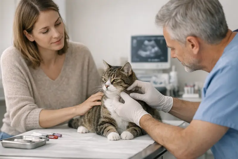 Untersuchung eines Katzenknotens beim Tierarzt Tierarzt untersucht einen Katzenknoten mit einem Ultraschallgerät.